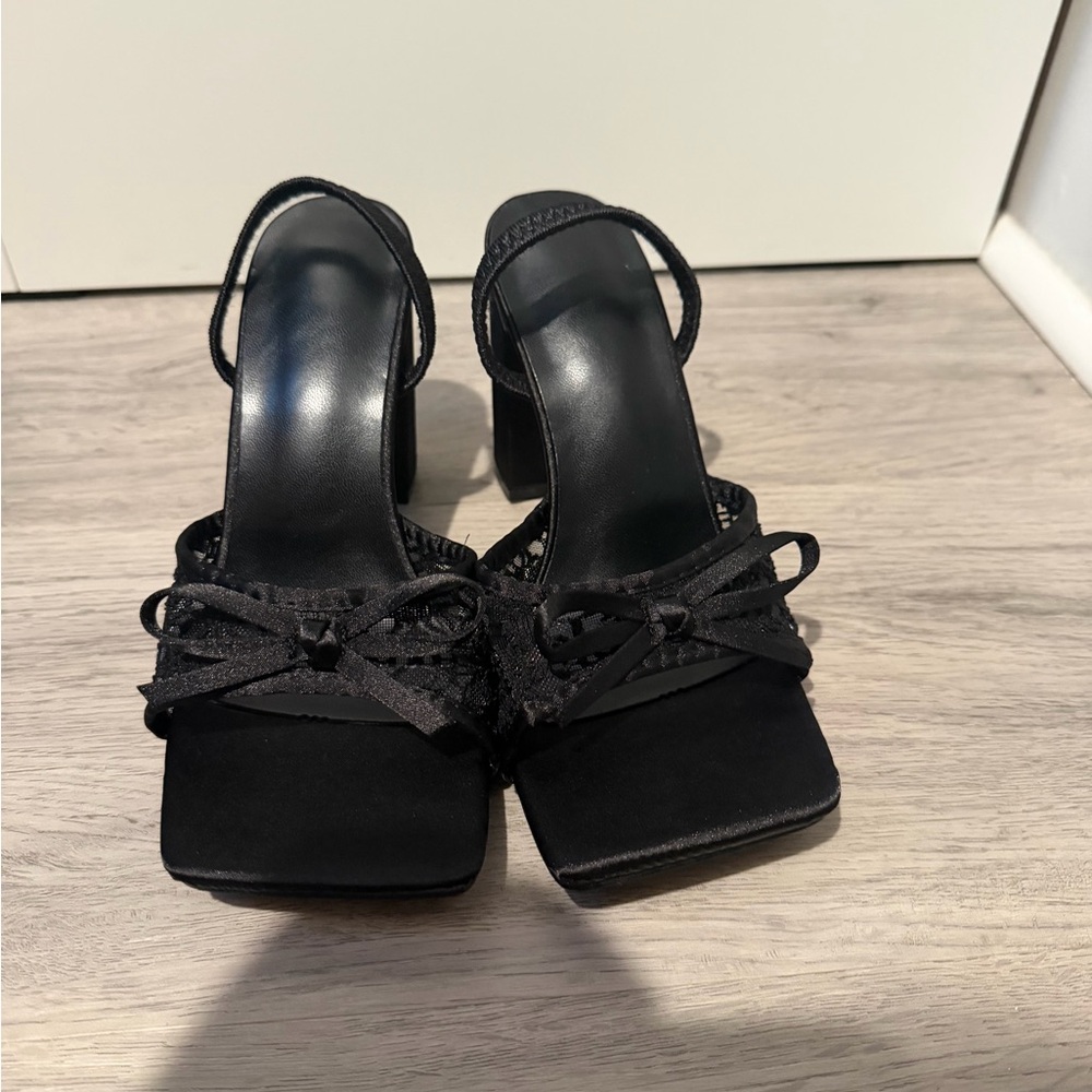 NWOT Black Square-Toe Slingback Heels with Bow Detail